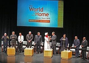 Ten of the past Opus Prize recipients gather at Marquette University Thursday, Feb. 7, for a panel presentation as part of the university’s annual Mission Week. Pictured, left to right, are Msgr. Richard Albert, Brother of Charity Stan Goetschalckx, Peter Daino – representing Roman Catholic Religious Sr. Beatrice Chipeta, Jesuit Fr. John Halligan, Congregation of the Passion Fr. Richard Frechette, Marguerite “Maggy” Barankitse, Dr. Nelson Neumann – representing his mother, the late Dr. Zilda Arns Neumann, Aicha Ech Channa, Jesuit Fr. Trevor Miranda, and Dr. Jo Lusi – representing his wife, the late Lyn Lusi. (Submitted photo courtesy Marquette University)