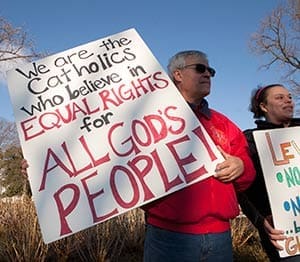 Buz Baetz, a Catholic from Monkton, Md., demonstrates across from the Supreme Court building in Washington March 26 as justices heard arguments in a case challenging California's same-sex marriage ban, the 2008 voter-approved ban known as Proposition 8. The next day the justices were to hear arguments in a case involving the Defense of Marriage Act, which defines marriage as "a legal union between one man and one woman as husband and wife." (CNS photo/Nancy Phelan Wiechec)