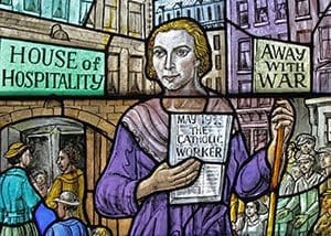 Dorothy Day, co-founder of the Catholic Worker Movement and its newspaper, The Catholic Worker, is depicted in a stained-glass window at Our Lady of Lourdes Church in the Staten Island borough of New York. (CNS photo/Gregory A. Shemitz)