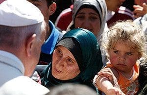 Pope Francis meets refugees at the Moria refugee camp on the island of Lesbos, Greece, April 16, 2016. (CNS photo/Paul Haring)