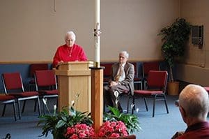 Bernie DeBoer practices reading Scripture in the St. Mary of Magdala room at Good Shepherd Parish, Menomonee Falls, in preparation for “Word Without End” — 24 hours of continuous Scripture reading at the parish that begins at 4 p.m., Friday. (Catholic Herald photo by Ricardo Torres)
