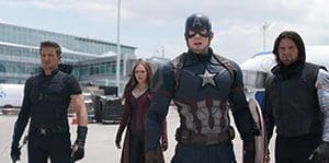 Jeremy Renner, Elizabeth Olsen, Chris Evans and Sebastian Stan star in a scene from the movie "Marvel's Captain America: Civil War." The Catholic News Service classification is A-III -- adults. The Motion Picture Association of America rating is PG-13 -- parents strongly cautioned. Some material may be inappropriate for children under 13. (CNS photo/Disney)