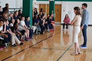 In early 2016 students from the Medical College of Wisconsin, Allison Ellsworth and Bryan Johnston, left, spent a month in Nepal learning about the country’s health care system. They are sharing their experiences with students at Catholic East Elementary School, Milwaukee, during an April 18 presentation. 