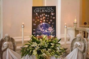 A memorial is displayed June 24 at the San Juan de Bautista Cathedral in Puerto Rico. Archbishop Roberto Gonzalez Nieves of San Juan celebrated a Mass for the victims of the mass shooting in Orlando, Fla. The Mass was interrupted when local police entered the cathedral to investigate the possibility of a bomb inside. (CNS photo/Wallice J. de la Vega)