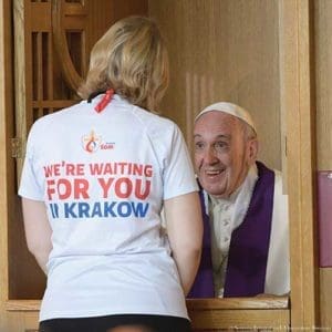 Pope Francis hears a confession as he visits the Divine Mercy Shrine in Lagiewniki, a suburb of Krakow, Poland, July 30. (CNS photo/L'Osservatore Romano, handout)