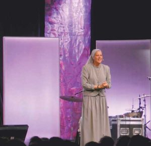 Sr. Miriam James Heidland, a member of the Society of Our Lady of the Most Holy Trinity, speaks to young people gathered for the Steubenville Conference on the Lake at Carthage College, Kenosha, July 22-24. (Catholic Herald photo by Margaret Naczek)