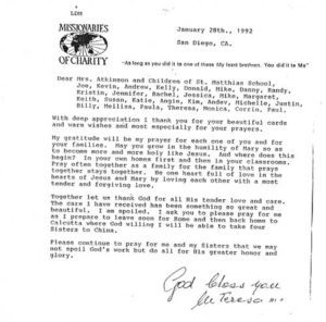 Retired St. Matthias teacher Monica Atkinson was surprised when she and her fifth grade class received a typed, signed letter from Mother Teresa in 1992, shortly after they had written to the future saint.