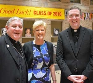 Archbishop Jerome E. Listecki is pictured at Divine Savior Holy Angels High School, Milwaukee, on Thursday, Oct. 6, with the 2016 Pallium Lecture panelists, Anne Thompson of NBC Nightly News and Jesuit Fr. Matt Malone, editor-in-chief of America Media. (Submitted photo by Lacey Crisp, archdiocesan communications office)