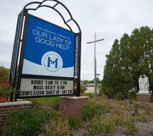 Following its designation as a national shrine, a new sign is seen Sept. 30 at the entrance of the National Shrine of Our Lady of Good Help in Champion, in the Green Bay Diocese. (CNS photo/Sam Lucero, The Compass)
