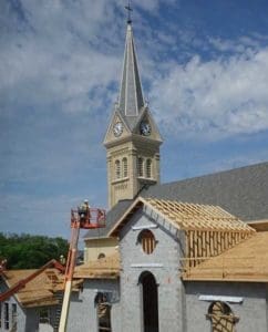 An aerial photo of St. Peter Parish, Slinger, shows the progress of the $5 million renovation project which will increase seating capacity of the church. Renovations also include a new meeting space, more parking, modernized kitchen and a coffee shop. (Submitted photo by John and Nancy Lee)