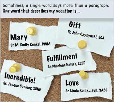 Complete this sentence: One word that describes my vocation is … Sometimes, a single word says more than a paragraph. Fr. John Czyzynski, SCJ: Gift Sr. Jacque Buckley, SSND: Incredible! Sr. Marlene Neises, SSSF: Fulfillment Sr. Linda Kollikulavil, SABS: Love Sr. M. Emily Kenkel, ISSM: Mary